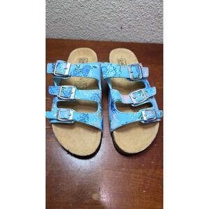 Bioline Floral Slide Sandals Womens 37 Blue‎ 3-Strap Buckle Cork Footbed Shoes